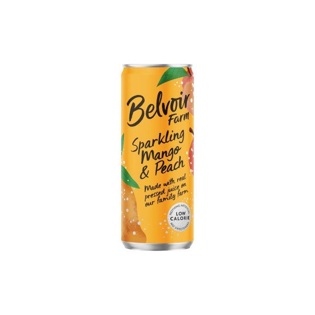 Belvoir Sparkling Mango And Peach cans, 12 pack