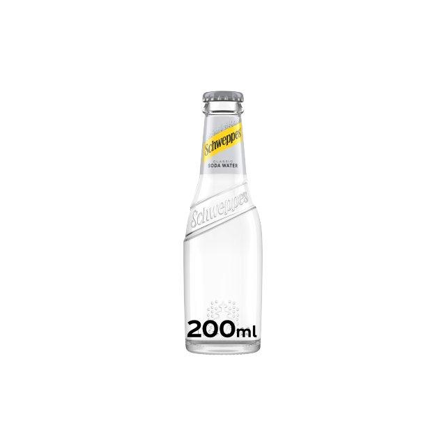 Schweppes soda water, glass, 24 pack