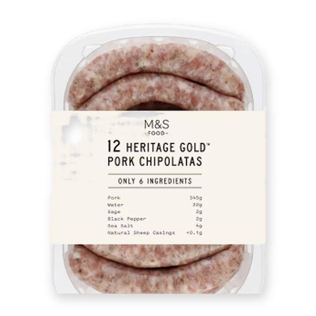 M&S Only 6 Ingredients 12 Heritage Gold Pork Chipolatas