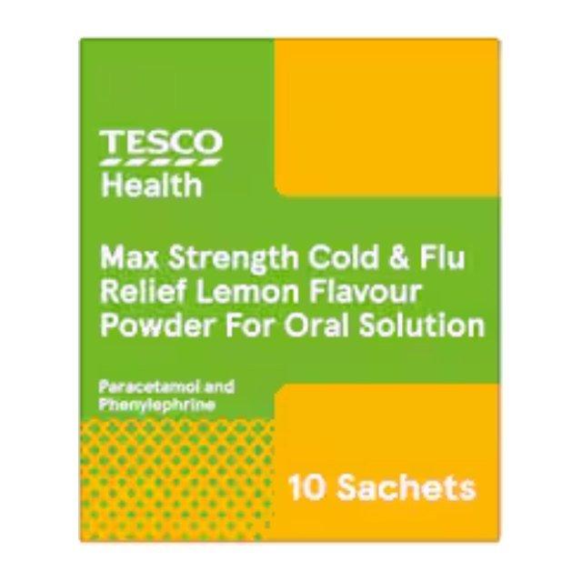 Tesco Health Max Strength Cold & Flu Relief Powder Sachets - Lemon, Paracetamol